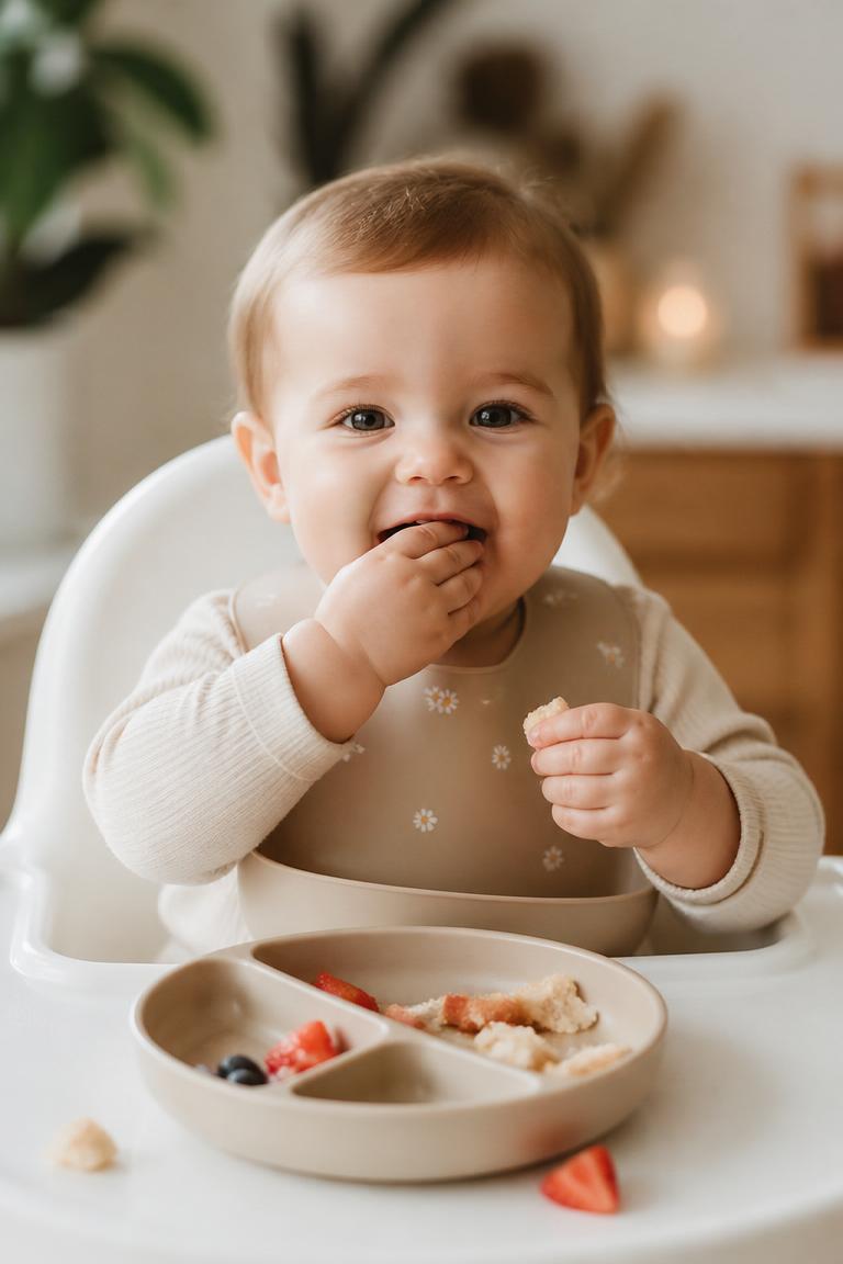A happy baby exploring fresh food in a high chair while a parent smiles