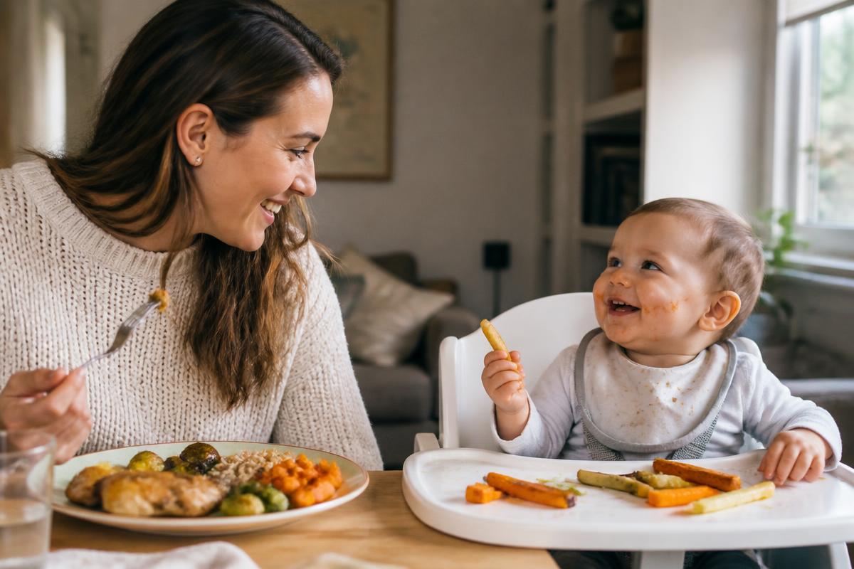 A joyful mother and baby sharing a balanced meal together at the table