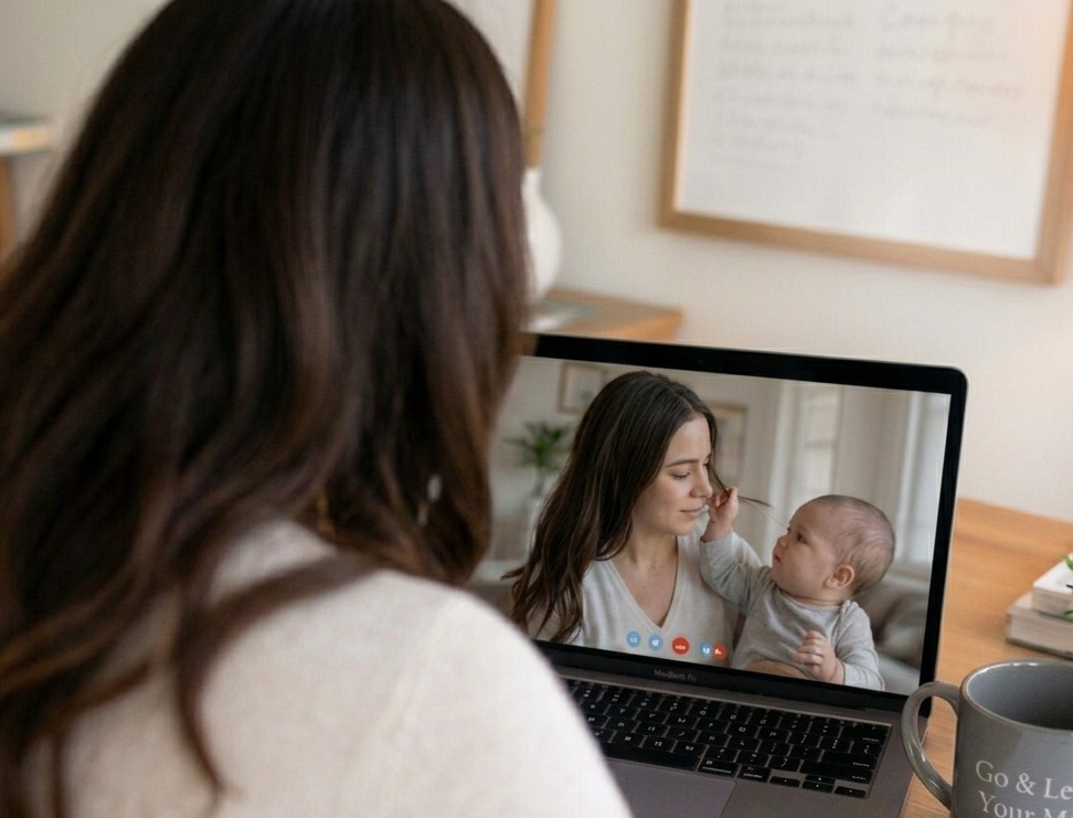 Dana on a video call with a parent and baby during a personalized virtual support session